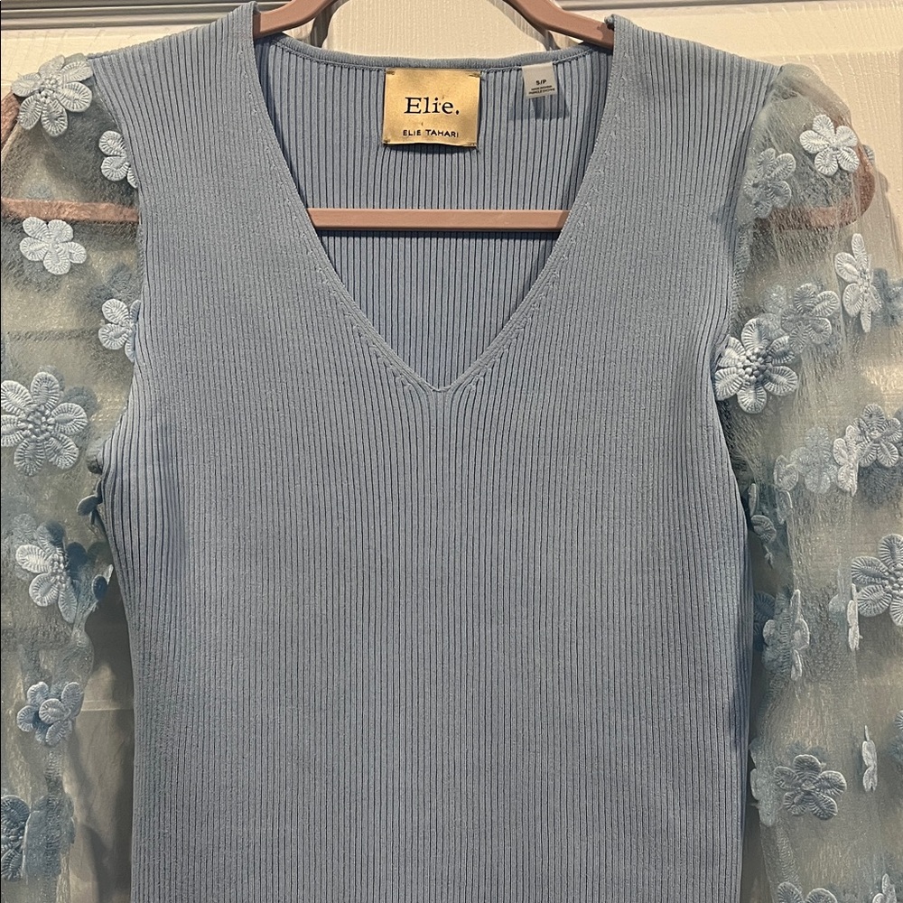 Elie Tahari Blue Pullover Sweater with Sheer Floral Sleeves Glam, Feminine S/P - Picture 2 of 16
